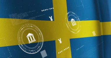 İsveç bayrağı üzerinde finansal teknoloji sembolleri ve veri işleme animasyonu. Fintech, İsveç, finans, dijital, yenilik