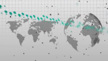 Veri noktaları ve sayısal değerlere sahip dünya haritası, küresel veri işleme animasyonu. analitik, teknoloji, etkileşimli, görselleştirme, ağ, dijital
