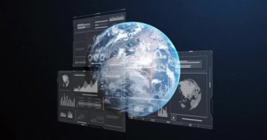 Dijital arayüz arka planında veri grafikleri ve grafik animasyonlarıyla Dünya 'yı döndürüyor. Teknoloji, veri görselleştirme, küresel, analitik, fütüristik, yenilik