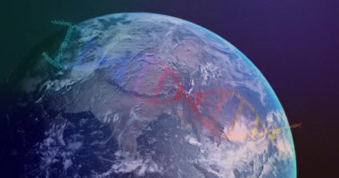 DNA iplikçikleri uzaydan Dünya 'nın etrafında dönüyor. animasyon, biyoloji, genetik, yörünge, bilim, teknoloji