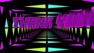 - Teşekkür ederim! Renkli geometrik tünel arka planında metin animasyonu. Minnettarlık, takdir, tipografi, dijital, canlı