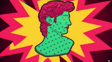 Canlı yıldız patlaması arka planında klasik heykelin renkli sanat animasyonu. retro, soyut, cesur, funky, sürreal, digital