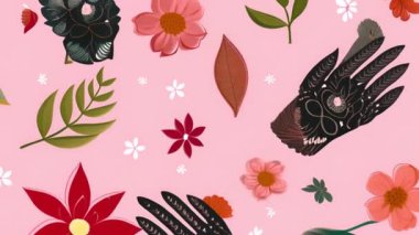 Renkli çiçek desenleri, çeşitli yapraklar ve pembe arka planda çiçekler. Botanik, yeşillik, soyut, canlı, yapraklar, pürüzsüz