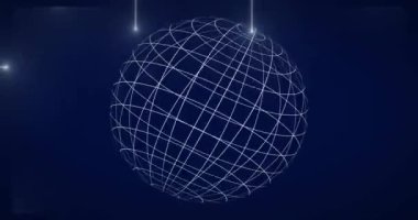 Kesişen çizgilerle geometrik küre canlandırılıyor, koyu arkaplanda parlayan noktalar. Soyut, geleceksel, dijital