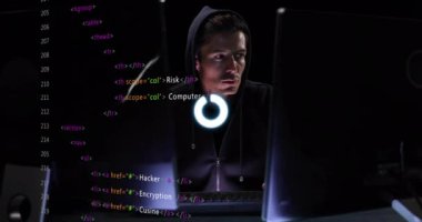 Kapüşonlu bilgisayar korsanı HTML kodu üzerinden bar animasyonu yüklüyor. Hackleme, siber güvenlik, dijital, yazılım, programlama, teknoloji