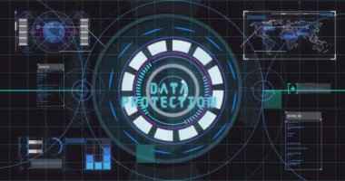 Siyah arkaplan taraması ile veri işleme animasyonu. Küresel teknoloji, bilgisayar ve dijital arayüz kavramı, dijital olarak oluşturulmuş video.