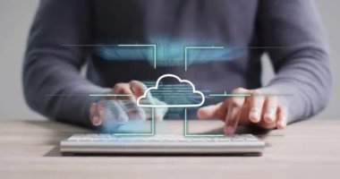 Klavyede yazma, bulut hesaplama ve veri güvenlik animasyonu kod arka planında. Teknoloji, siber güvenlik, kodlama, programlama, veri koruması, sanal