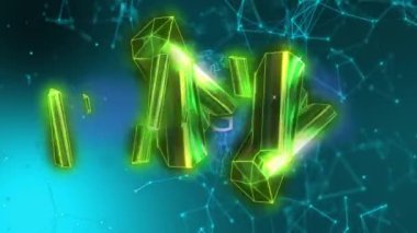 Parlak yeşil kristaller ve ağ bağlantıları mavi arkaplan üzerinde canlanıyor. Teknoloji, dijital, fütüristik, yenilik, siber uzay kavramı