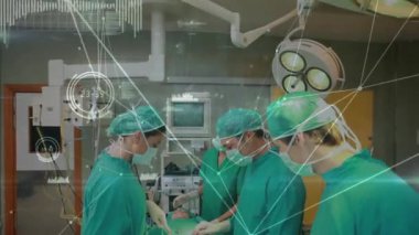 Tıbbi veriler ve ağ bağlantıları ameliyat yapan cerrahların animasyonları. Sağlık, cerrahi, teknoloji, yenilik, bağlantı