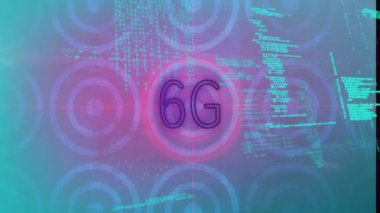 Dijital veri kodlama arka planında 6G metin animasyonu. Teknoloji, yenilik, ağ, yüksek hız, bağlantı, fütürist