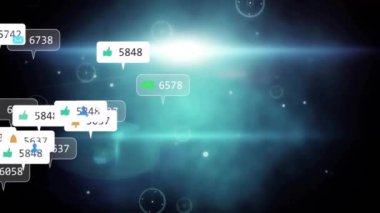 Sosyal medya bildirimleri soyut mavi arka planda daireler ve çizgilerle canlandırılıyor. dijital, çevrimiçi, teknoloji, iletişim, internet, grafik