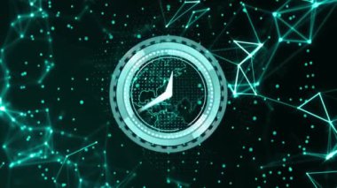 Dijital ağ bağlantılarını ve veri noktalarını kapsayan saat animasyonu. Teknoloji, fütürist, soyut, zaman