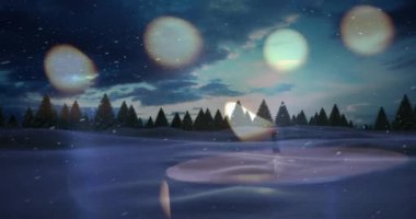 Kış boyunca karlı orman manzarasında mum ışığı üzerine düşen kar taneleri animasyonu. Ağaçlar, huzur, soğuk