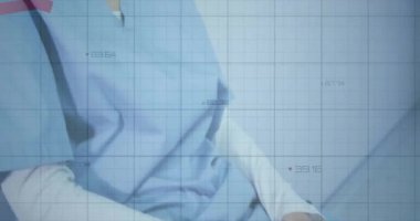 Mavi önlüklü, düşünceli bir sağlık uzmanından kırmızı çizgi animasyon. Tıbbi, gerileme, analiz, finans, ekonomi, endişe