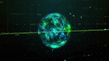 Veri noktaları ve ağ bağlantılarıyla parlayan dijital küre animasyonu. Teknoloji, fütüristik, siber uzay, sanal