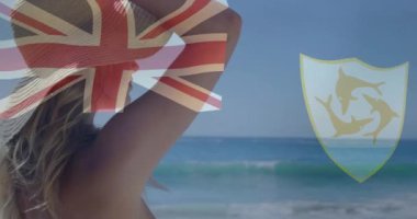 Union Jack ve Anguilla plajdan hoşlanan kadınlar için bayrak animasyonu. Seyahat, tatil, tatil, rahatlama, eğlence, eğlence