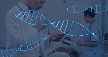 Hastanede çalışan tıp uzmanlarının DNA iplikçikleri. Bilim, sağlık, biyoteknoloji, araştırma, genetik, laboratuvar