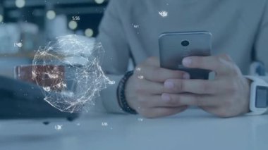 Akıllı telefonu tutan, kahve fincanı olan kişi, dijital ağ animasyonu. Teknoloji, iletişim, mobil, yaşam tarzı, ağ oluşturma, bağlantı