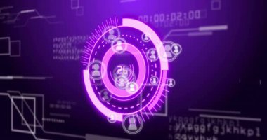 Dijital arayüzde canlandırılmış dairesel ögeler ve kullanıcı simgeleri, mor arkaplan. Teknoloji, animasyon, UI, fütüristik, tasarım