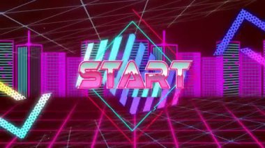 Canlı renklerde geometrik şekillerle neon şehir manzarası üzerinden metin canlandırılıyor. Animasyon, tipografi, modern, soyut, kentsel