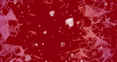 Kırmızı arkaplan üzerinde kalp ve geometrik şekiller canlandırılıyor. Animasyon, aşk, Sevgililer Günü, romantik, soyut, şenlikli
