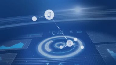 Bağlı cihazlar ve müzik simgeleri ağı, dijital iletişim animasyonu. Teknoloji, bağlantı, IOT