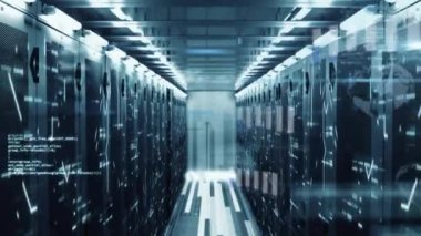 Fütürist veri merkezindeki sunucu raflarında veri işleme animasyonu. Teknoloji, sunucular, dijital, ağ, altyapı