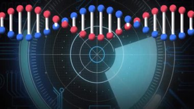 Dijital arayüz üzerinde DNA ipliği ve bilimsel veri işleme animasyonu. Biyoteknoloji, genetik, veri analizi, araştırma
