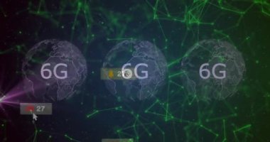 Sosyal medya bildirimleriyle birlikte küresel harita üzerinde 6G ağ bağlantı animasyonu. Teknoloji, iletişim, yenilik, dijital