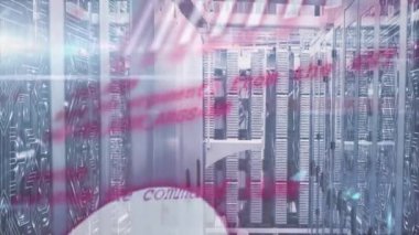 Veri merkezindeki sunucu rafları üzerinden veri işleme, canlandırma. Teknoloji, veri depolama, siber güvenlik, ağ, altyapı, bilişim