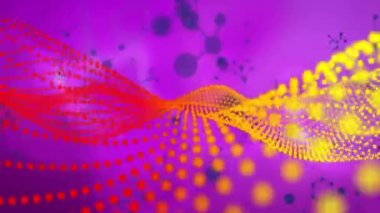 DNA ipliği ve moleküler yapılar renkli soyut arkaplan üzerinde animasyon oluşturur. Bilim, genetik, biyoteknoloji, biyoloji, araştırma, dijital