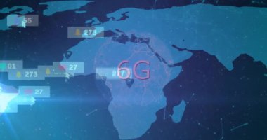 Dünya haritasındaki sosyal medya bildirimleri üzerinden 6G metin animasyonu. Teknoloji, yenilik, iletişim, bağlantı, dijital, küresel