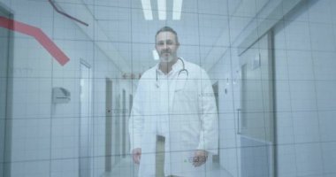 Hastane koridorunda yürüyen, finansal grafik animasyonu olan bir doktor. Sağlık, finans, veri, meslek, analiz, iş