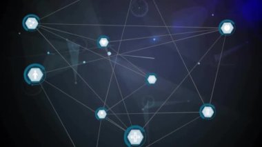 Karanlık arkaplan üzerinde simgelerle bağlantılar ve veri işleme animasyonu ağı. Teknoloji, dijital, gelecekçi