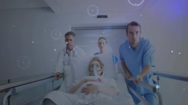 Hasta sedyeye itiliyor, sağlık teknolojisi animasyonu olan tıp uzmanları. Acil, hastane, tedavi