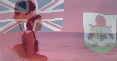 Plajda Bermuda bayrağı ve silah animasyonlarıyla kucaklaşan çift. Romantizm, tatil, tropik, aşk, seyahat, varış yeri