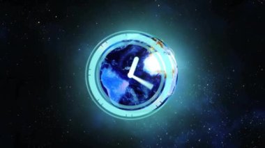 Uzayda, ışıldayan çizgiler ve yıldızlarla dolu bir saat animasyonu. Zaman, evren, astronomi, fütüristik, teknoloji, göksel
