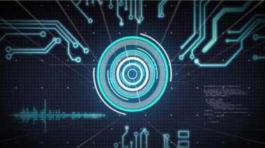 Şebeke arka planında devre kartı animasyonuyla gelecekçi dijital arayüz. Teknoloji, siber, elektronik, teknoloji