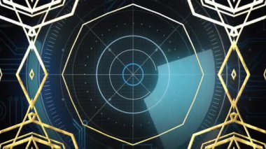 Geometrik desenli ve mavi radar taraması devam ediyor. Teknoloji, fütüristik, dijital, soyut, hareket, siber uzay