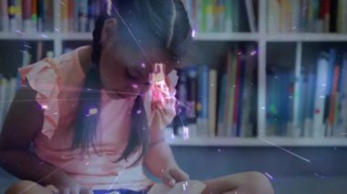 Kitap okumak, dijital ağ bağlantıları üzerinden örgülü kız animasyonu. Teknoloji, öğrenme, internet