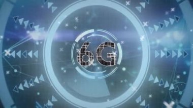 Fütürist dijital arayüzü ve geometrik desenleri olan 6G teknoloji animasyonu. yenilik, ağ, bağlantı, sanal, grafikler, yüksek teknoloji