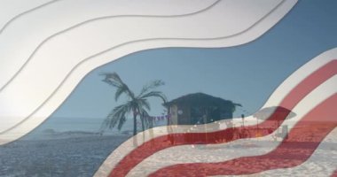 Plaj sahnesinde palmiye ağacı ve kulübe ile Amerikan bayrağı animasyonu sallıyor. Vatanseverlik, tropik, ABD, yaz, özgürlük, açık hava