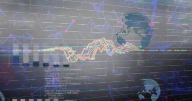 Mavi arkaplanda veri işleme resmi. Küresel bağlantılar, veri işleme ve dijital arayüz konsepti dijital olarak oluşturulmuş resim.