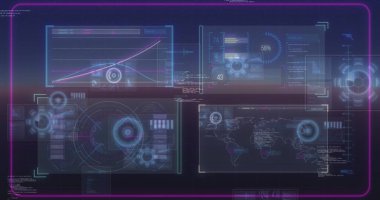 Mavi arkaplan üzerinde hareket eden ekranların veri işleme görüntüsü. Küresel bağlantılar, veri işleme ve dijital arayüz konsepti dijital olarak oluşturulmuş resim.