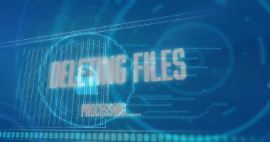 Mavi arkaplan üzerinde hareket eden ekranların veri işleme görüntüsü. Küresel bağlantılar, veri işleme ve dijital arayüz konsepti dijital olarak oluşturulmuş resim.