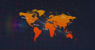 Siyah arkaplanda veri işlemesine karşı dünya haritasında yüzen sayıların görüntüsü. Küresel ağ ve iş teknolojisi kavramı