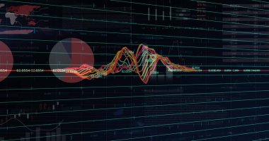 Grafiklerin ve finansal verilerin resmi siyah arka planda. İş, finans, ekonomi ve teknoloji konsepti dijital olarak oluşturulmuş imaj.
