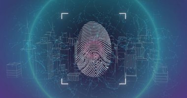 Biyometrik parmak izi ve şehir manzarası üzerinde veri işleme resmi. Küresel iş, finans, hesaplama ve veri işleme kavramı dijital olarak oluşturulmuş görüntü.