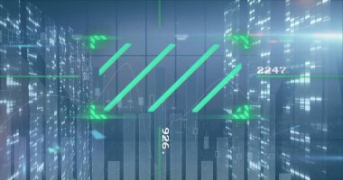 Finansal veri işleme ve şehir manzarası üzerinde hareket eden sütunların resmi. Küresel iş, finans ve dijital arayüz kavramı dijital olarak oluşturulmuş görüntü.