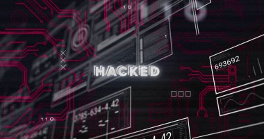 Hacklenmiş metin, gövde arayüzleri, ikili kodlar, siyah arkaplan üzerinde devre kartı dokusu. Dijital olarak üretilmiş, hologram, ses dalgaları, kodlama, makine öğrenme ve teknoloji kavramı.